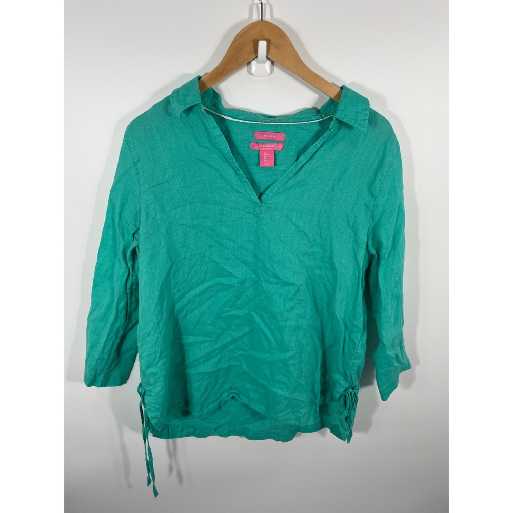 Womens 100% Linen Pop Over Top L Green Resort Beach‎ Coastal Euro Summer